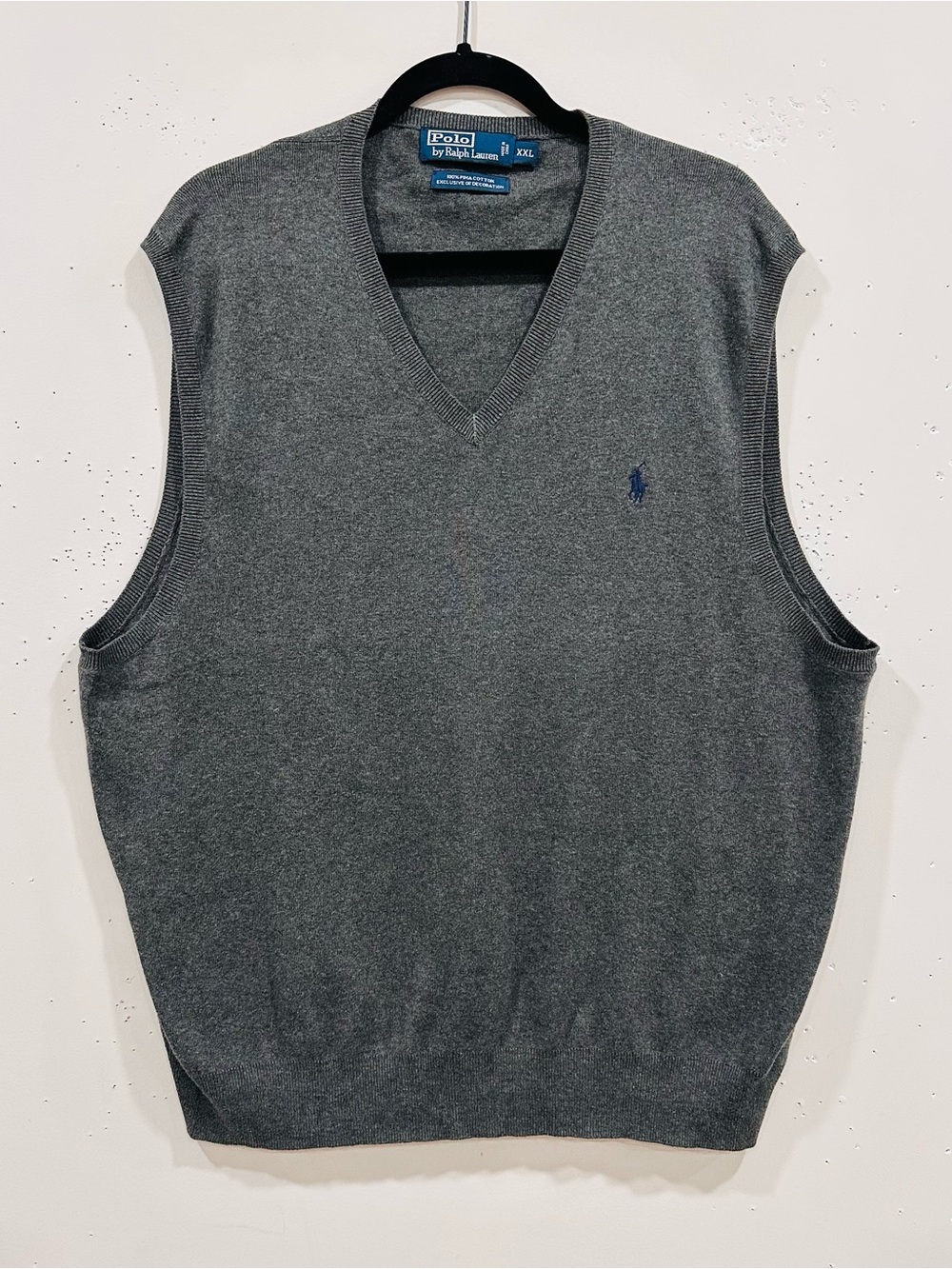 Polo Ralph Lauren Sweater Vest Men XXL Gray V-Neck 100% Pima Cotton Blue Pony